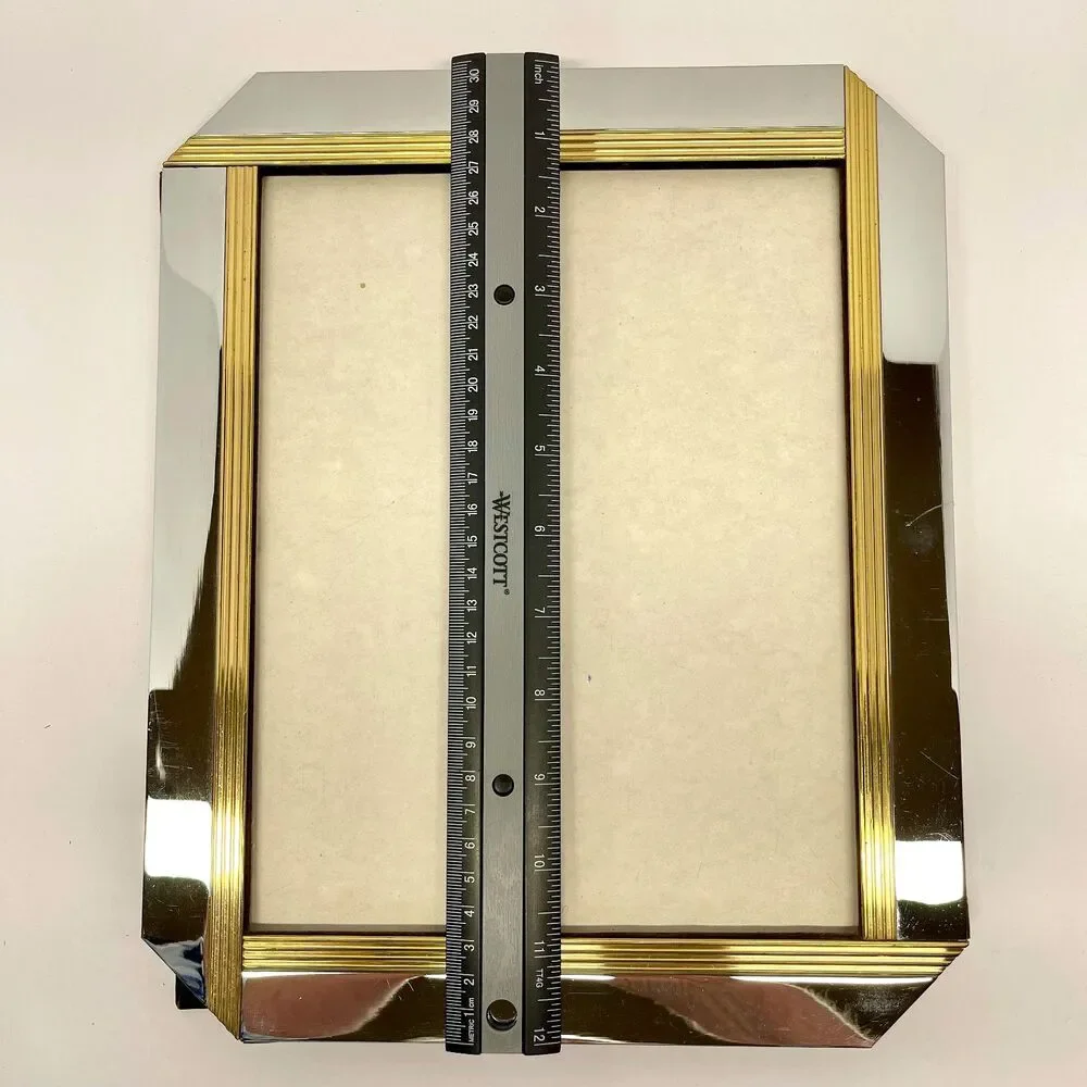 Art Deco Style Chrome & Gold Ribbed 8x10 Picture Frame Heavy Tabletop-Vintage